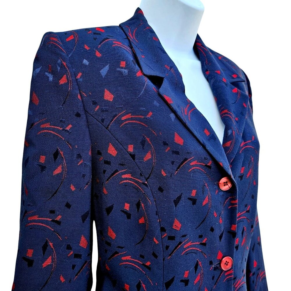 Vintage Turkish Tekbir Modest Coat 80s/90s Navy Red Woven Jacquard 6 8 38 - Picture 2 of 15